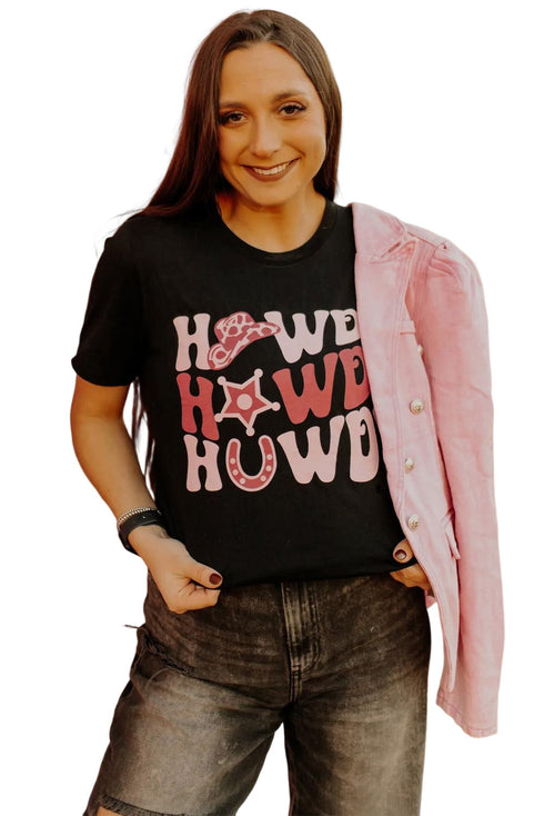 Black Howdy Letter Graphic Print Short Sleeve T Shirt